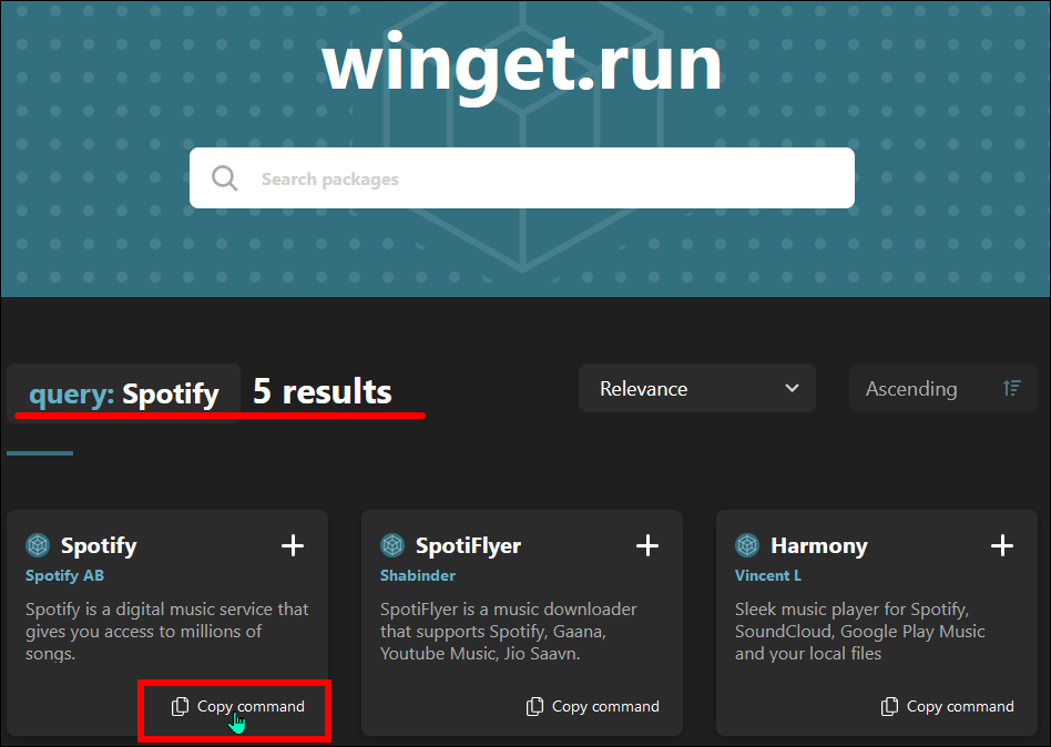 WinGet.run website search screenshot