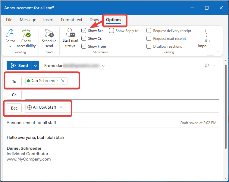 Screenshot of an Outlook email using the BCC field to send email to all staff