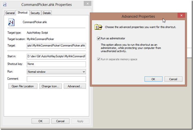 Shortcut file advanced properties