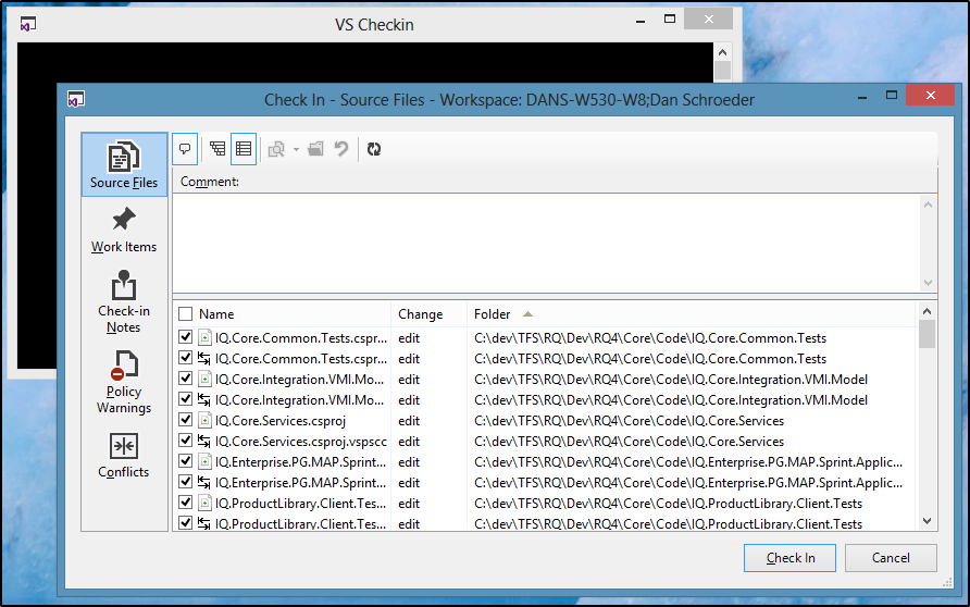 Visual Studio Checkin Window