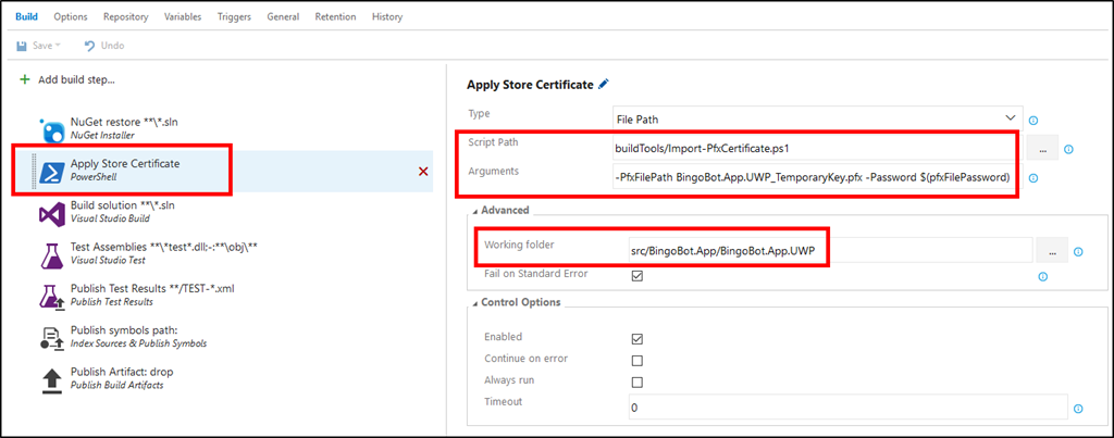 VSTS Build Pfx Certificate Step