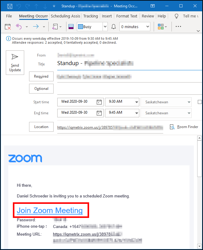 Outlook Zoom meeting invitation