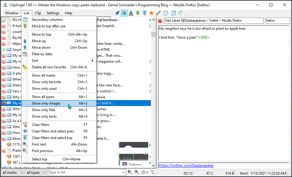 ClipAngel List Filter Options Screenshot