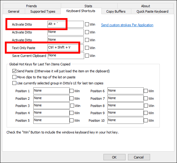 Ditto Options Keyboard Shortcuts Tab Screenshot