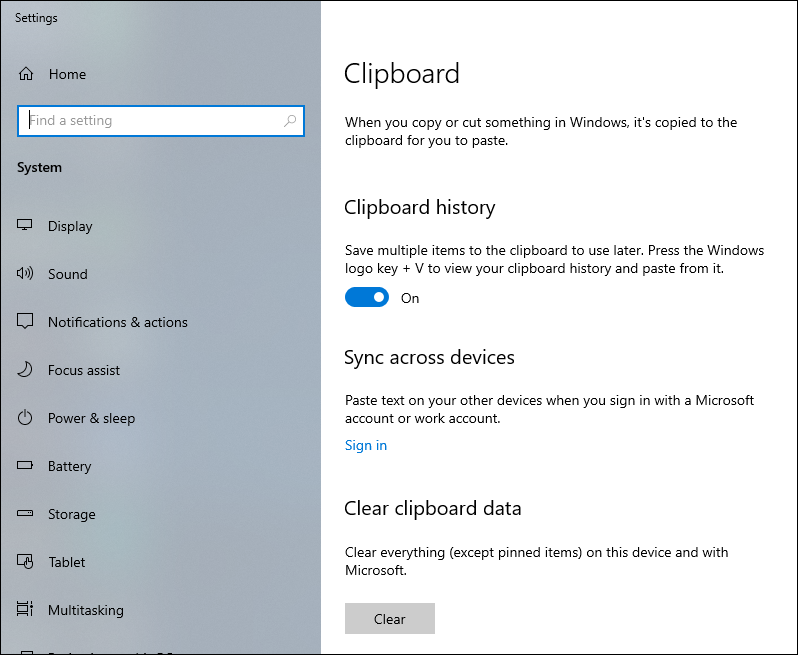 Windows 10 Clipboard Settings