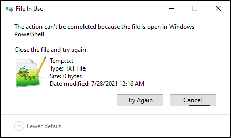 File-in-use delete error message screenshot
