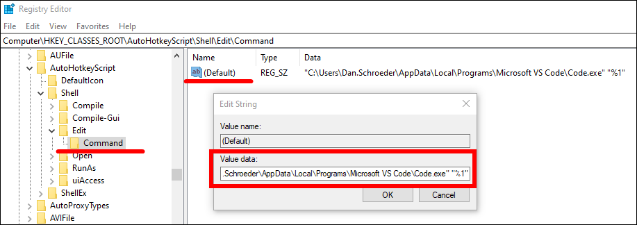Setting the registry entry for Visual Studio Code