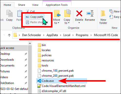Copy the path of the executable file from File Explorer