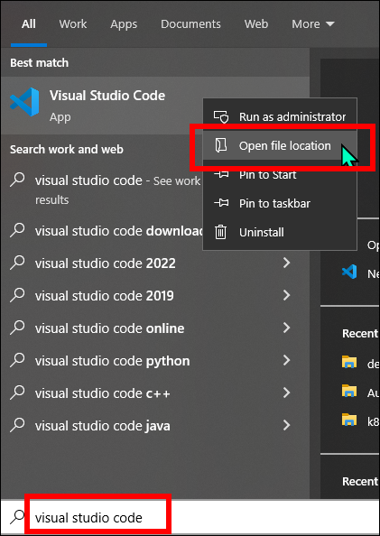 Open the application file location from the Windows Start Menu
