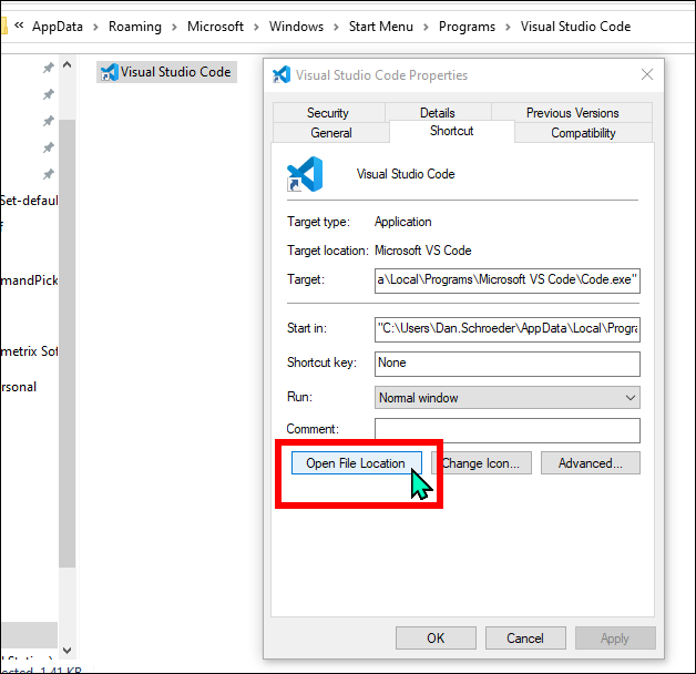 Open the shortcut file location from the shortcut properties window