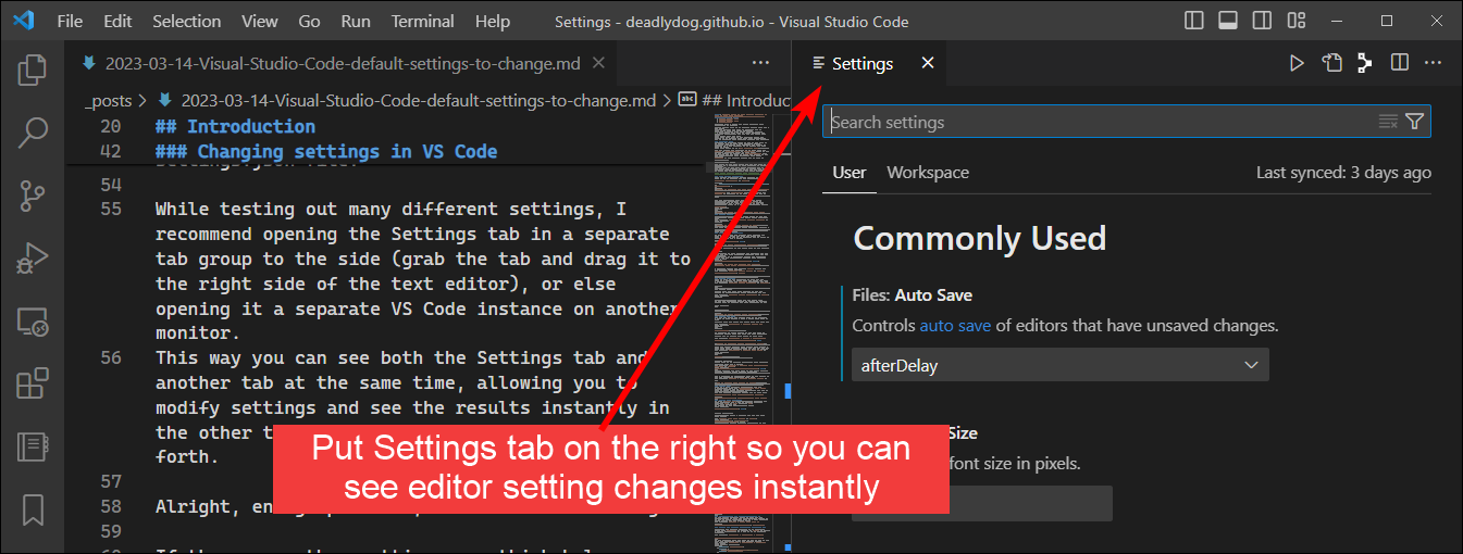 Dock settings tab to the right side of the editor