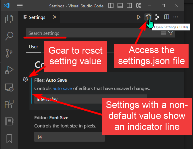 Screenshot of the Settings UI in VS Code