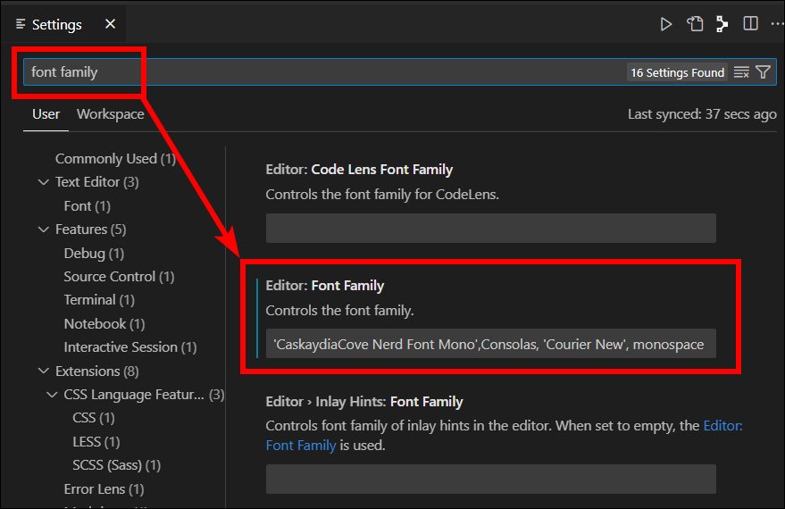 Change VS Code editor font family