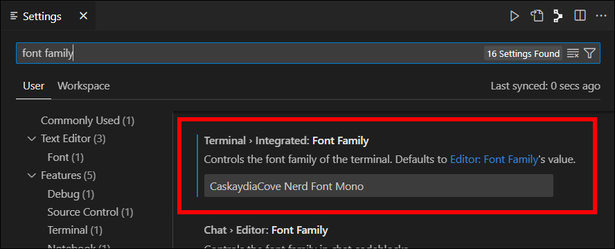 Change VS Code terminal font family