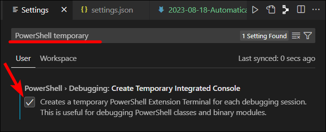 Screenshot of the Visual Studio Code setting to enable PowerShell temporary integrated console