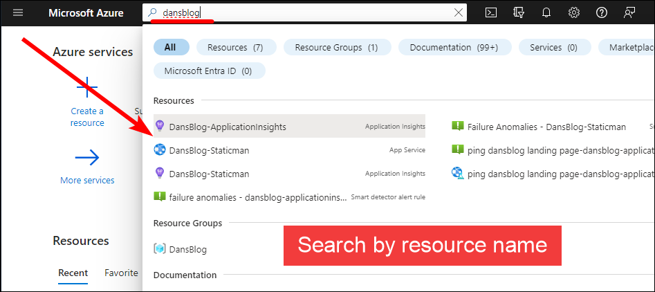 Search Azure Portal by resource name