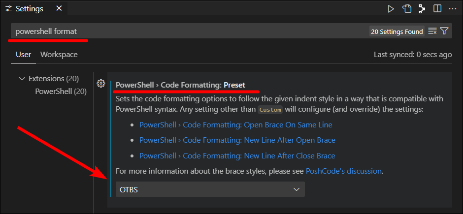 Visual Studio Code PowerShell code formatting preset setting set to OTBS