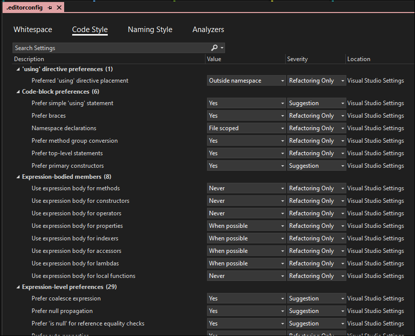 Visual Studio EditorConfig editor for code style settings