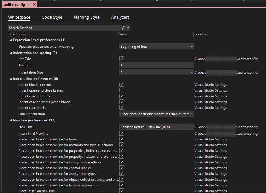 Visual Studio EditorConfig editor for whitespace settings