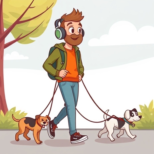 Cartoon software developer walking dogs while listening to a podcast