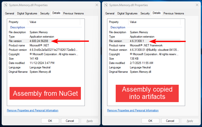 The file properties of both versions of System.Memory.dll