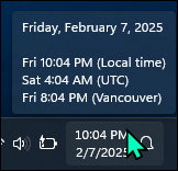 Hovering over the clock to show additional time zones