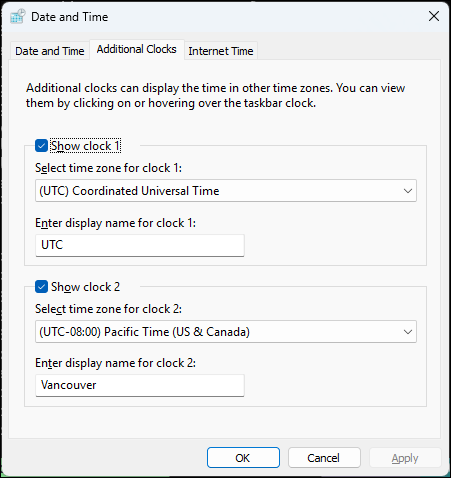 Date and Time settings with additional clocks