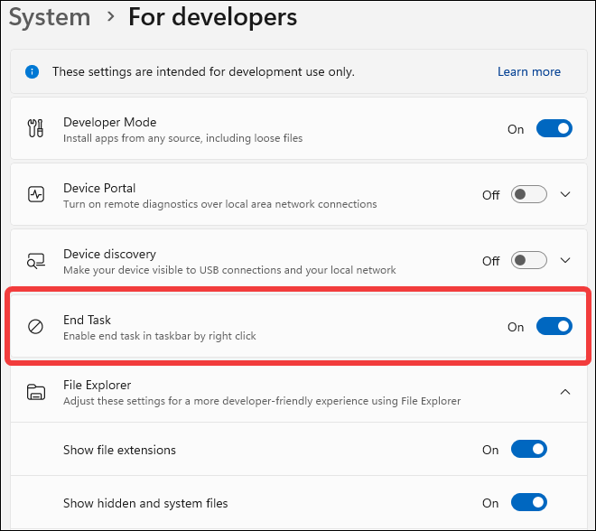 Enable End Task on right-clicking taskbar icons