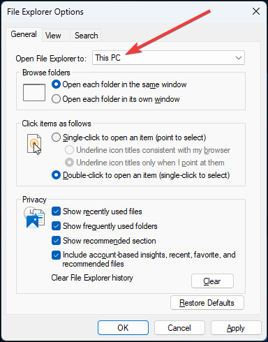 File Explorer Options window to change the default view to This PC