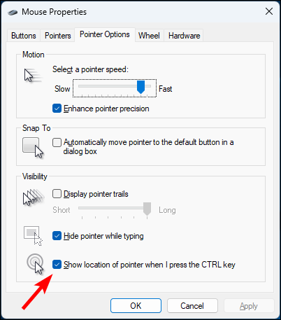 Mouse properties window showing how to enable showing the mouse cursor location