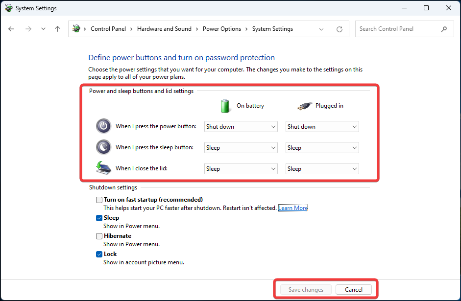 Power button and lid settings