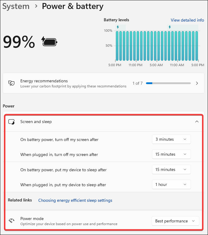 Windows power settings