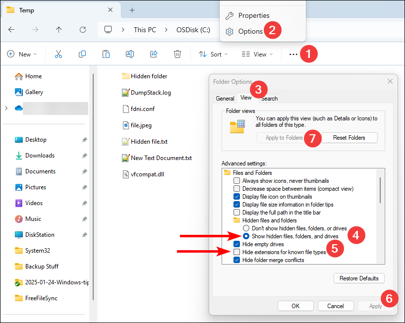 Screenshot showing how to enable showing hidden files and file extensions