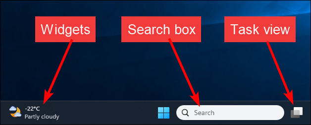 Screenshot showing the widgets, search box, and task view button on the taskbar