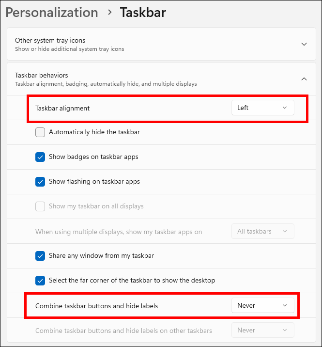 Taskbar settings to never group taskbar icons