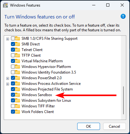 The Windows Features window showing Windows Sandbox enabled