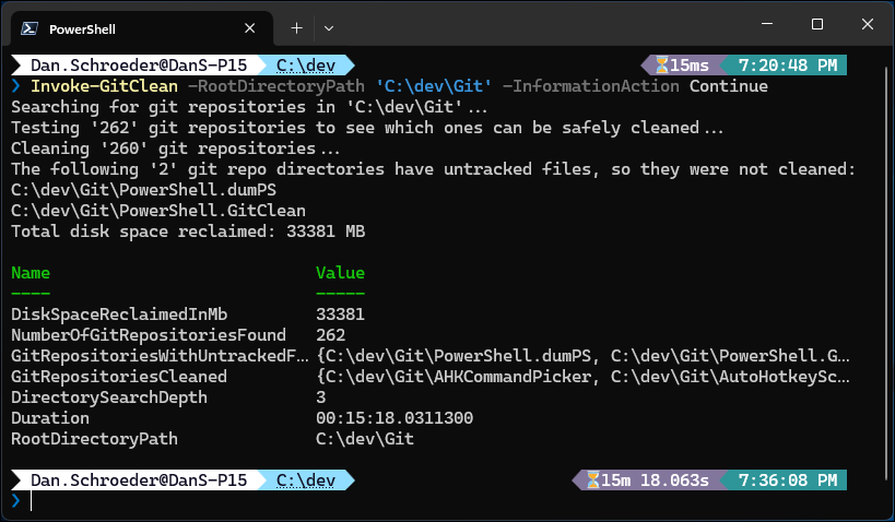 Screenshot of running the Invoke-GitClean command