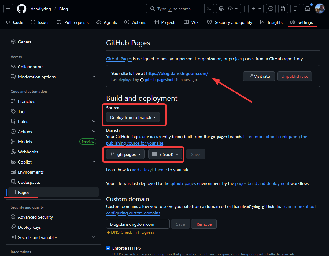 GitHub Pages settings screenshot